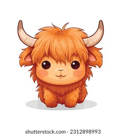 baby highland cow in the style of kawaii on a white background