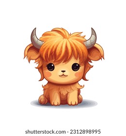 baby highland cow in the style of kawaii on a white background