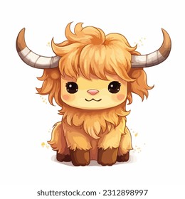 baby highland cow in the style of kawaii on a white background