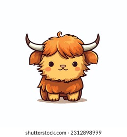 baby highland cow in the style of kawaii on a white background