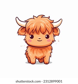 baby highland cow in the style of kawaii on a white background