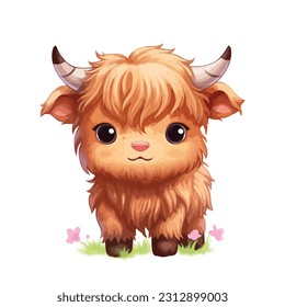 baby highland cow in the style of kawaii on a white background