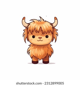 baby highland cow in the style of kawaii on a white background