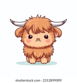 baby highland cow in the style of kawaii on a white background