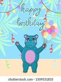 baby hippo birthday card, cute birthday greeting card with african hippo, colorful balloons and background, editable vector illustration