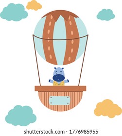 Baby hippo is flying in a colored balloon. Cute animal in a hot air balloon. Vector illustration on white background.