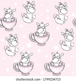 Baby hippo in a pink cup and a hippo in a ballerina skirt seamless pattern