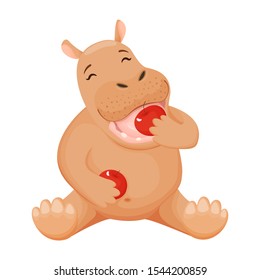 Baby hippo sits and eats red apples with pleasure