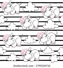 Baby hippo sleep and striped background seamless pattern