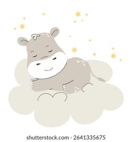 Baby hippo sleeping children’s poster. Adorable animal illustration. Vector illustration