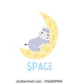 Baby Hippo sleeps on the moon. Space print for children on clothes, dishes, T-shirt, notebook, album. A cute hippo in space is lying on a planet. A wild animal in doodle style.