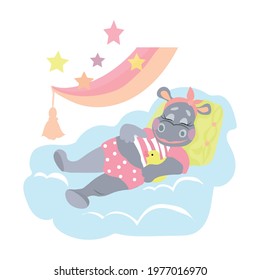 A baby hippo sleeps in pajamas on a cloud on a yellow pillow under multi-colored curtains. Concept - design for children's rooms, posters, postcards