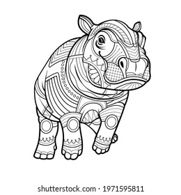 Baby hippopotamus Black white hand drawn vector. Drawing zentangle rhino for coloring page, shirt design effect, logo, tattoo and decoration.