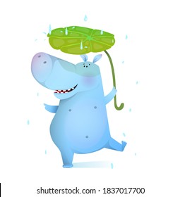 Baby Hippopotamus dance with leaf in rain, clipart cartoon for children. Vector watercolor style cartoon.