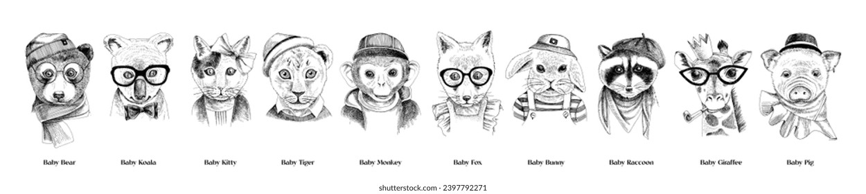 Baby hipster animals vector collection