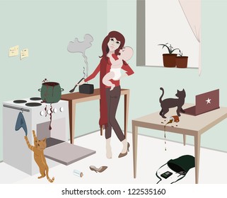 Baby and his Mother taking care of him, trying to cook and take care of the house
