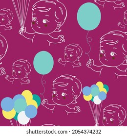 Baby holding balloons seamless pattern, surface design, repeat pattern. Design baby outfits, textile, fabrics, baby theme room decoration, baby products design, wallpaper, wrappings.
