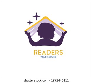 Baby Holding  Book On His Head. Baby Boy Vector Logo Illustration For Library. 