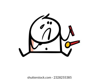 Baby is holding a broken rattle in his hand and crying with grief. Vector illustration of a frustrated child and a spoiled game. Doodle cartoon stick man character isolated. 