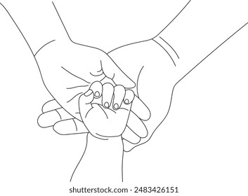 Baby Holding Hands Line Art  - Family Hand Drawing Illustration - Mom Dad Child - Mother Father Kid Sketch Clipart for Cricut or Silhouette