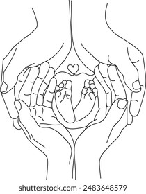 Baby Holding Hands Line Art Family Hand Drawing Illustration Mom Dad Child Mother Father Kid Sketch Clipart for Cricut or Silhouette