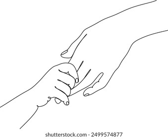 Baby holding mother's finger in line art style, concept of mother's protection and parental care. Mother holding baby's hand, line drawing drawn without artificial intelligence