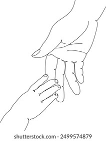 Baby holding mother's finger in line art style, concept of mother's protection and parental care. Mother holding baby's hand, line drawing drawn without artificial intelligence