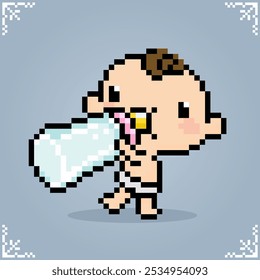 Baby holding a pacifier in 8 bit pixel art for game assets or cross stitch patterns