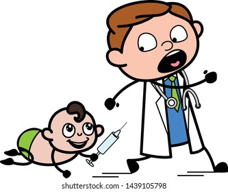 A Baby Holding a Syringe and Doctor Scared Away - Professional Cartoon Doctor Vector Illustration