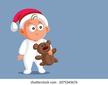Baby Holding Teddy Bear Celebrating Christmas Vector Cartoon. Little child with his favorite toy waiting for Santa awake on Christmas Eve 

