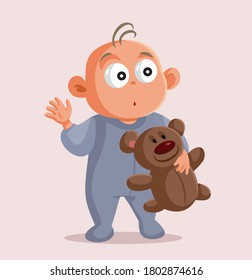 Baby Holding Teddy Bear Vector Cartoon Character. Funny toddler holding his favorite toy
