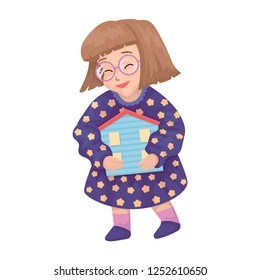 The baby holds a house in hand. A logo the character of adoption, the child without parents, joy of adoption. Vector illustration 