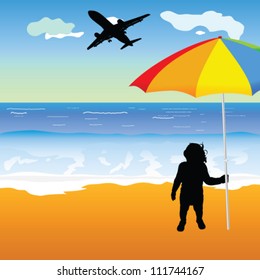 baby holing umbrella on the beach illustration