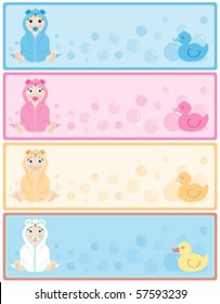 Baby in a hooded towel banners with copy space in 4 color options, each individually grouped and on separate layers.