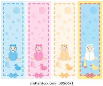 Baby in a hooded towel vertical banners with copy space in 4 color options, each individually grouped and on separate layers.