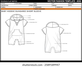 BABY HOODIE DUNGAREE SHORT SLEEVE KANGAROO POCKET SKETCH FASHION TEMPLATE TECHNICAL DRAWING ILLUSTRATION