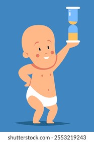 Baby with Hourglass. Time management concept, quick reaction. Flat vector illustration.