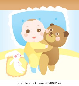 baby hugging teddy bear on the bed