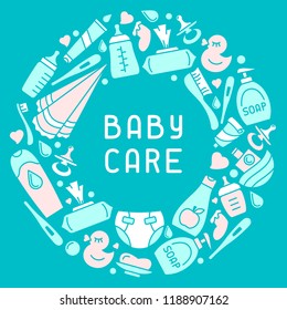 Baby hygiene elements. Flat style vector illustration. Baby care accessories. Suitable for advertising. There is place for your text