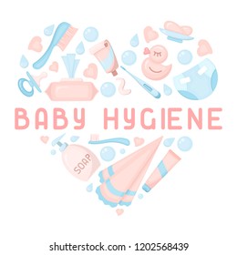 Baby hygiene elements. Flat style vector illustration. Baby care accessories. Suitable for advertising