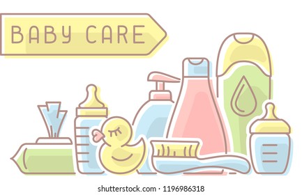 Baby hygiene elements.  Linear style vector illustration. Baby care accessories. Suitable for advertising