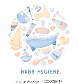 Baby hygiene icons collection. Flat style vector illustration. Baby care accessories. Suitable for advertising