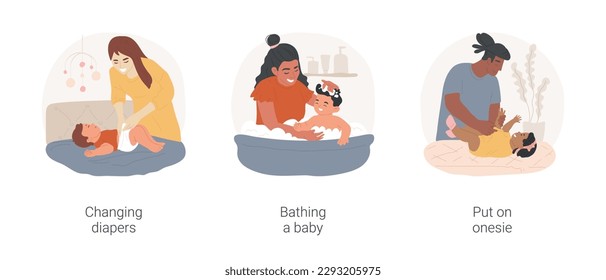 Baby hygiene isolated cartoon vector illustration set. Mom changing diaper, mother bathing a baby, daily washing, infant hygiene, father put on onesie on little child, newborn care vector cartoon.