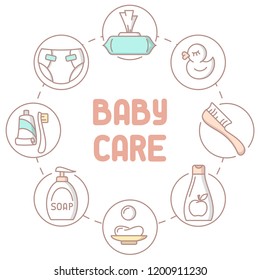 Baby hygiene products collection. Linear style vector illustration. Baby care accessories. Suitable for advertising. There is place for your text