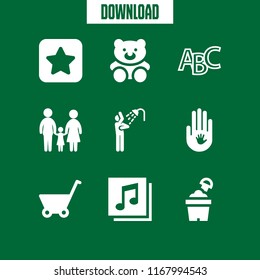 baby icon. 9 baby vector set. shower, child hand on adult hand, favourite and sand bucket icons for web and design about baby theme