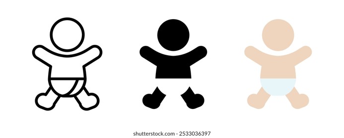 Baby-Ikone. Untergeordnetes Symbol Vektorgrafik für Kinder. Kleinkindzeichen. Kleinkind mit Windel-Piktogramm. Neugeborenes mit Windelkonzept einzeln. Baby Boy Silhouette. Untergeordnete Symbole.