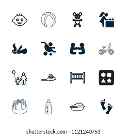Baby icon. collection of 16 baby filled and outline icons such as foot, father and son, dinosaur, from toy for beach, bear teddy, ball. editable baby icons for web and mobile.