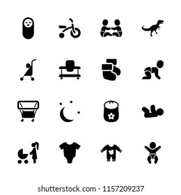 Baby icon. collection of 16 baby filled icons such as moon and stars, dinosaur, child bicycle, playpen. editable baby icons for web and mobile.