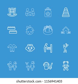 Baby icon. collection of 16 baby outline icons such as pyramid, child building kit, bucket toy for beach, bear teddy. editable baby icons for web and mobile.