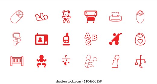 Baby icon. collection of 18 baby filled and outline icons such as newborn child, intercom, bed mobile, abc, bear teddy, pregnant woman. editable baby icons for web and mobile.